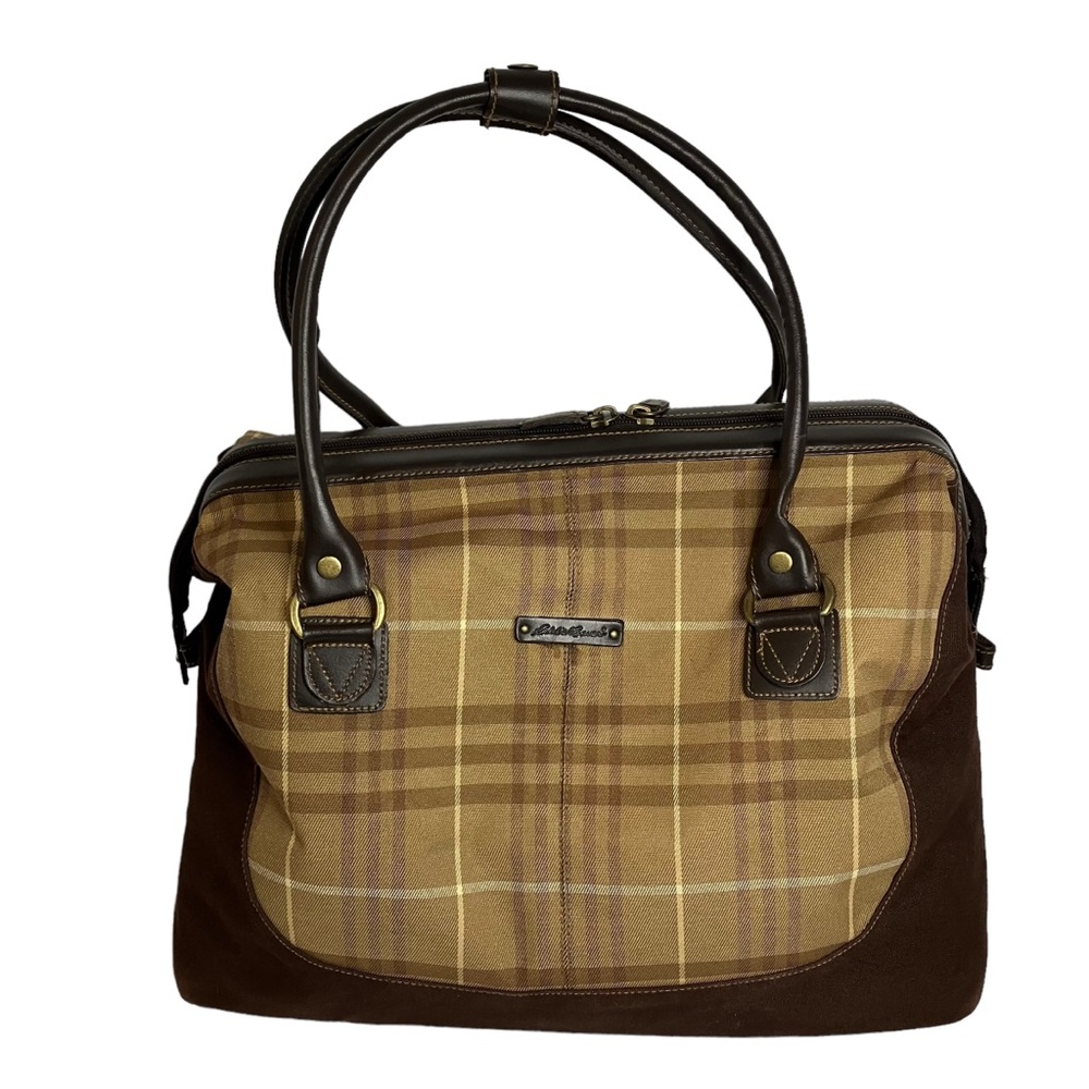 VTG Eddie Bauer Canvas Carry On Weekender Bag Plaid Overnight Bag Double Handles
